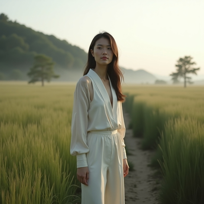 AI-generated photo: Photorealistic fashion portrait photography. A deeply serene portrait set in an open field of tall g...