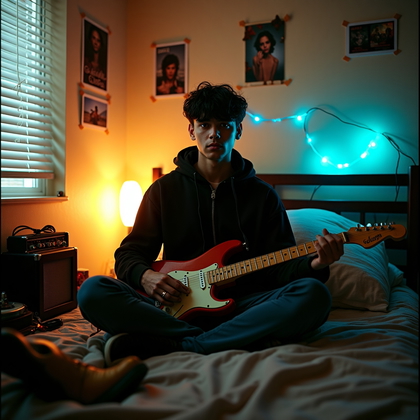 AI-generated photo: Photorealistic nighttime analog film photo in a grunge bedroom where the subject sits cross-legged o...