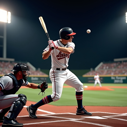 AI-generated photo: Professional MLB game photograph of a slugger at a tall, balanced follow-through on a closed-roof, t...