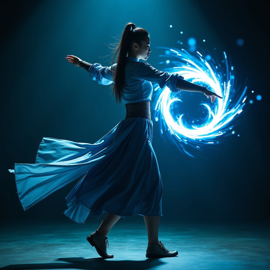 Solo Idol-Hunter Hero Portrait example: Cinematic fantasy character photo. Motion-action portrait with the face clearly visible as the subject turns mid-step in