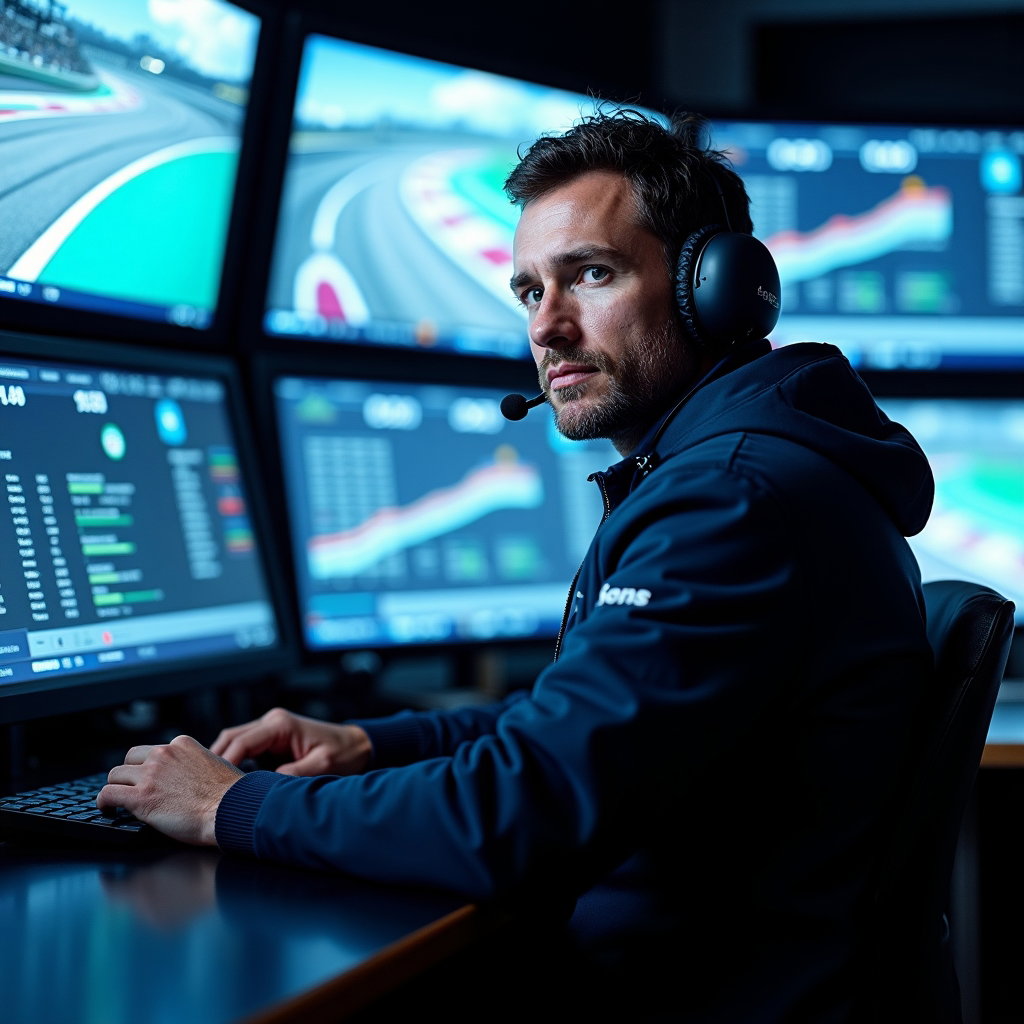 Pit Wall Headset Strategist Close-Up example: Photorealistic environmental portrait photography. The subject sits alone inside a pit wall timing booth, headset on, tu