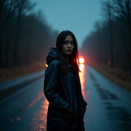 Rain-Soaked Street Escape Portrait example: Cinematic horror portrait photo. Editorial hero image of the subject centered in the middle of an empty midnight road, s