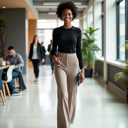 Pantalon large et haut en maille : prise sur le vif en marchant dans un atrium de coworking lumineux, la personne en pleine foulée tenant légèrement un porte-documents fin d’une main.