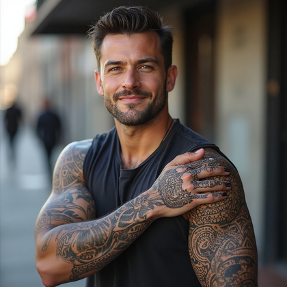 AI-generated photo: Photorealistic photography of a man with a detailed tribal-style tattoo, featuring bold black lines ...