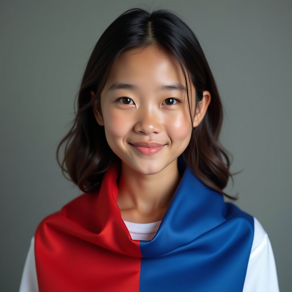 Flag-Draped National Pride Portraits example: Photorealistic profile-avatar portrait photography. A square crop portrait shows a fan from the upper chest up, wrapped