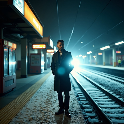 AI-generated photo: Photorealistic cinematic portrait photo on a snow-dusted train platform at night as an approaching t...