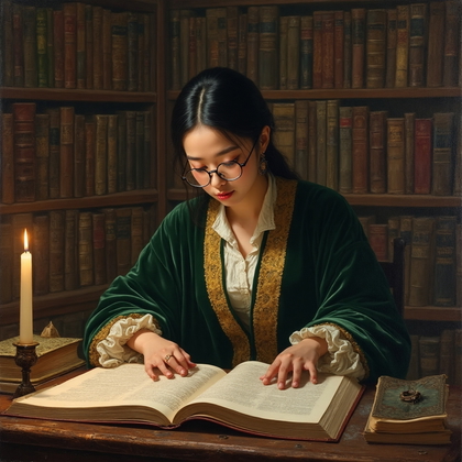 AI-generated photo: Baroque oil painting. A serene yet captivating scene of intellectual pursuit, set in a grand library...