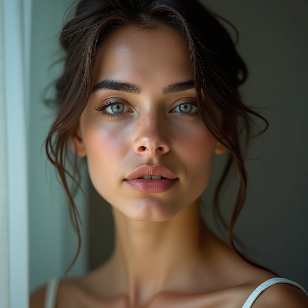 AI-generated photo: Photorealistic beauty portrait photography, tight beauty crop from just above the brows to just belo...