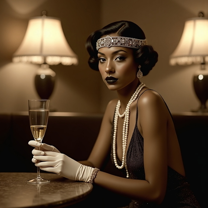 AI-generated photo: Sepia-toned 1920s speakeasy portrait photograph: seated at a small round table with a coupe of champ...