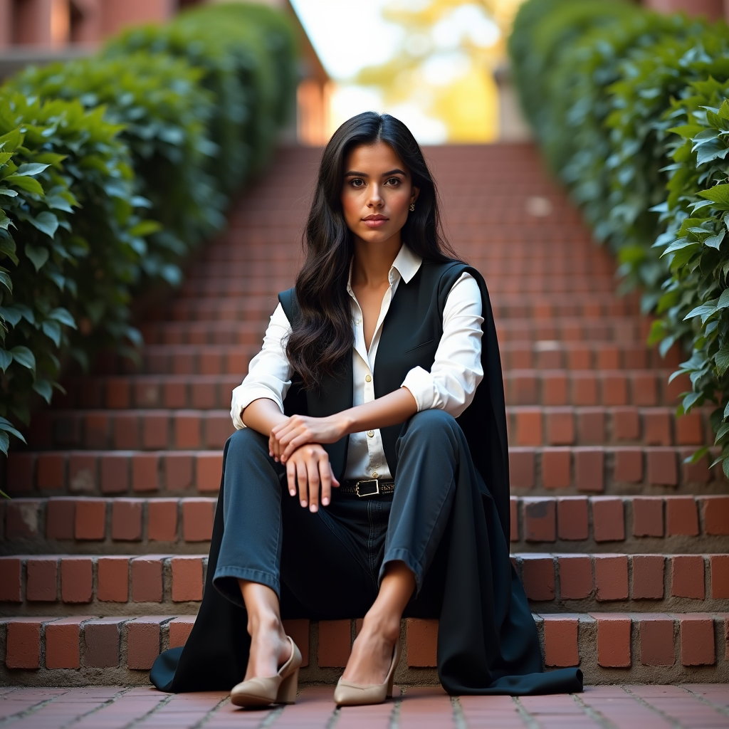 AI-generated photo: Photorealistic fashion portrait photography, a stylish graduate seated confidently on ivy-lined bric...