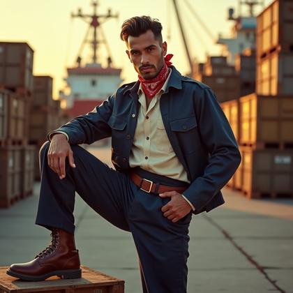 AI-generated photo: Photorealistic vintage factory-floor fashion portrait photography: golden-hour exterior at a shipyar...