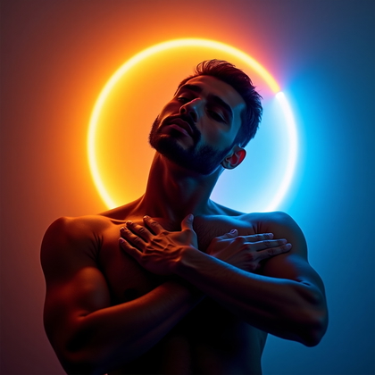 AI-generated photo: Photorealistic stylized studio portrait photograph. The subject is framed waist-up, leaning back aga...