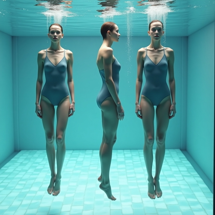 AI-generated photo: Photorealistic underwater portrait photography, three-quarter body shot in a vertical frame, with th...