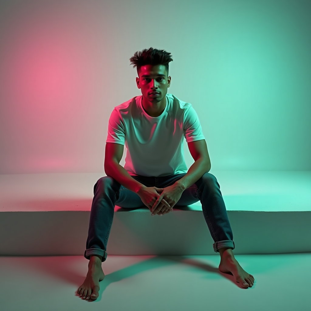 AI-generated photo: Photorealistic studio portrait. The subject is sitting on the edge of a low platform, knees slightly...