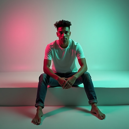 AI-generated photo: Photorealistic studio portrait. The subject is sitting on the edge of a low platform, knees slightly...