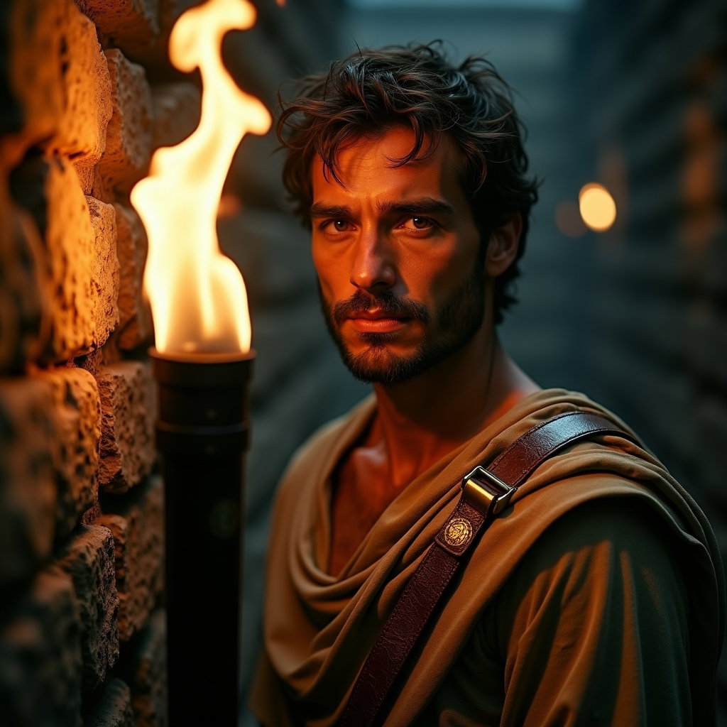 Solo Theseus Labyrinth Torch-Bearer Portrait example: Cinematic mythological portrait photography, close-up portrait of a solo torch-bearer inside an ancient stone labyrinth,