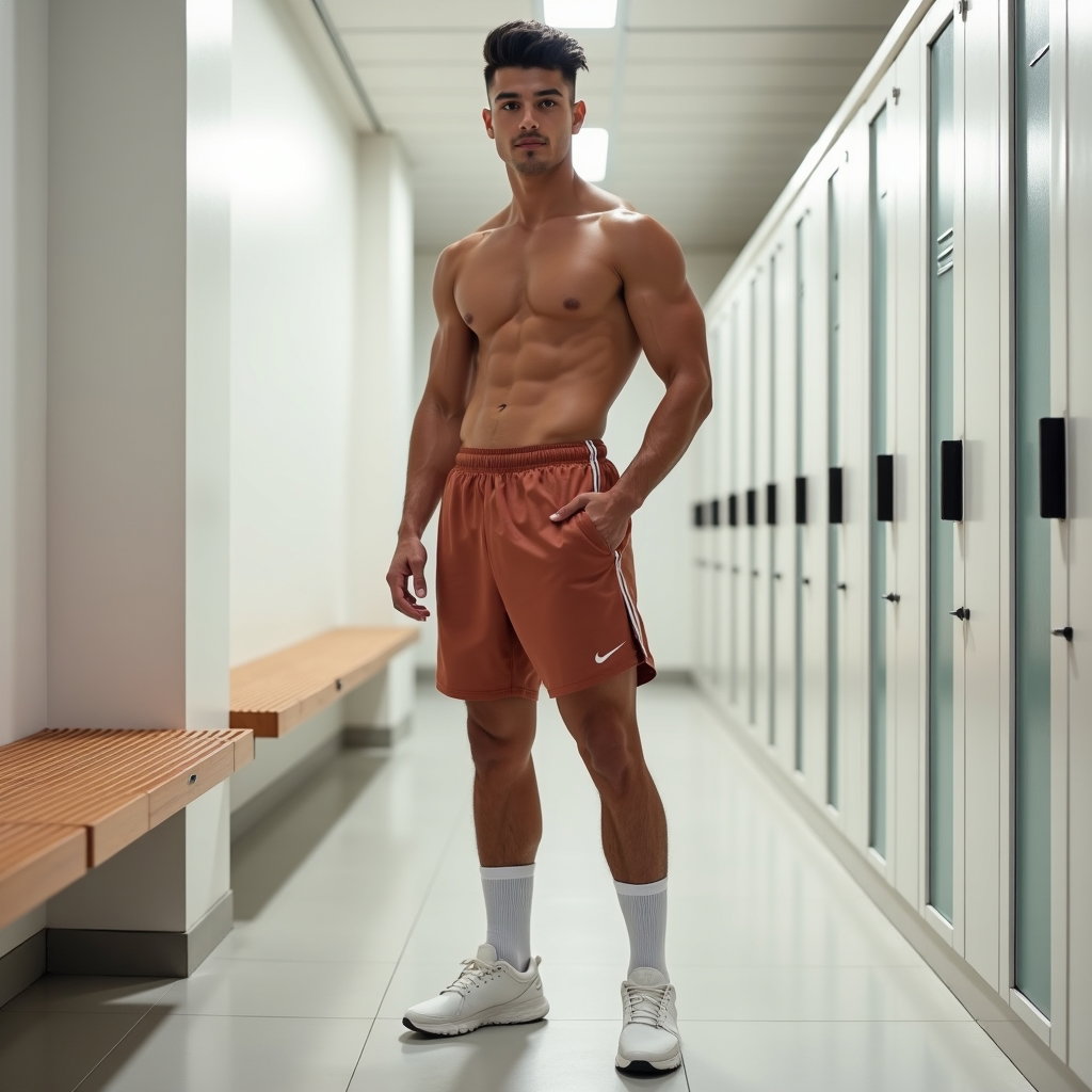 AI-generated photo: Photorealistic fashion fitness photography in a contemporary locker bay featuring matte white tile, ...