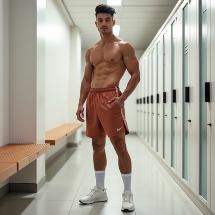 AI-generated photo: Photorealistic fashion fitness photography in a contemporary locker bay featuring matte white tile, ...