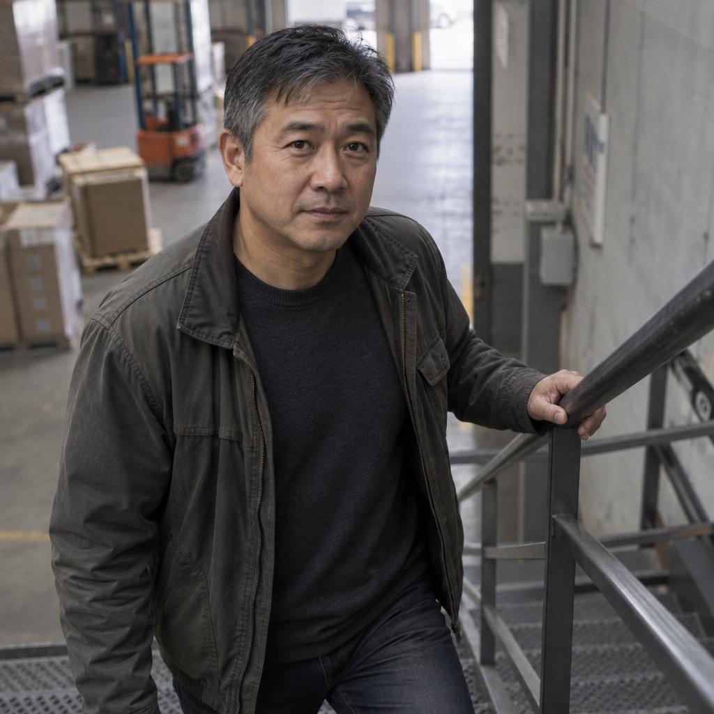 Action-Ready Performer: Natural casting portrait on a warehouse stairwell, framed from the waist up as he pauses midway up the steps.