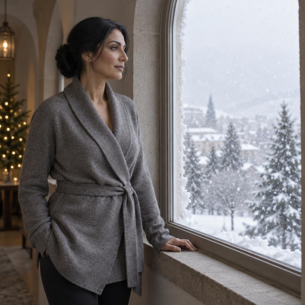 Window-Lit Snowfall Silhouette: An understated holiday portrait at an arched hallway window.