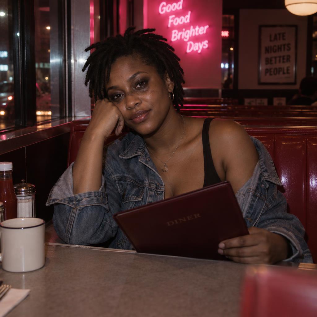 Diner Booth Afterparty: Portrait from just outside a diner booth: one person sits alone in red vinyl beneath a pink neon sign, shoulders low, denim jacket slipping…