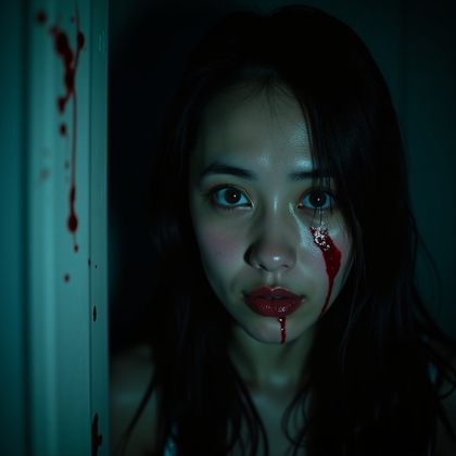 Blood-Streaked Final Girl Close-Up example: Cinematic horror portrait photo, extreme close-up of a survivor with a visible blood streak across the face, staring dir
