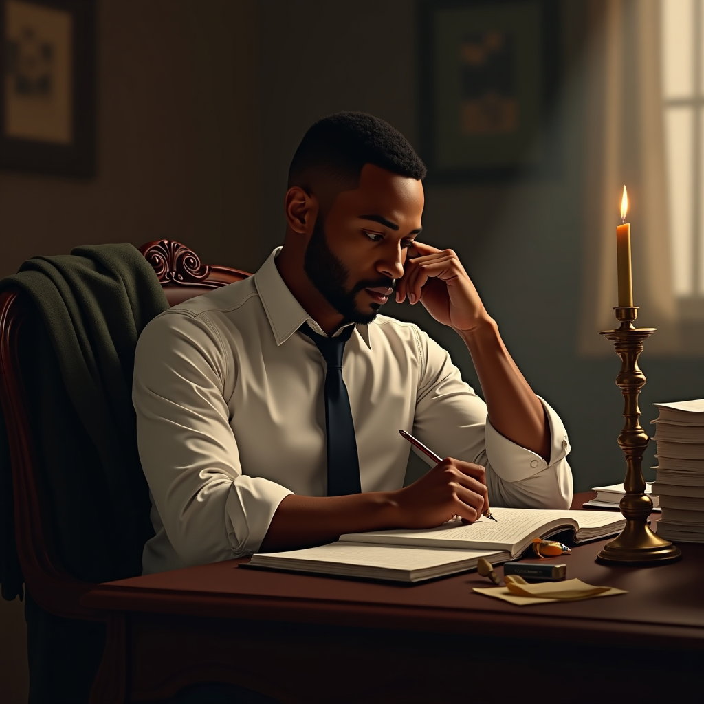 Candlelit Desk: Intimate desk portrait with the subject turned slightly sideways in a carved wooden chair, one elbow on the desk and fingers resting at the…