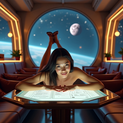 AI-generated photo: Photorealistic lifestyle space photography, a person floating face-down over a glossy, hexagonal tab...