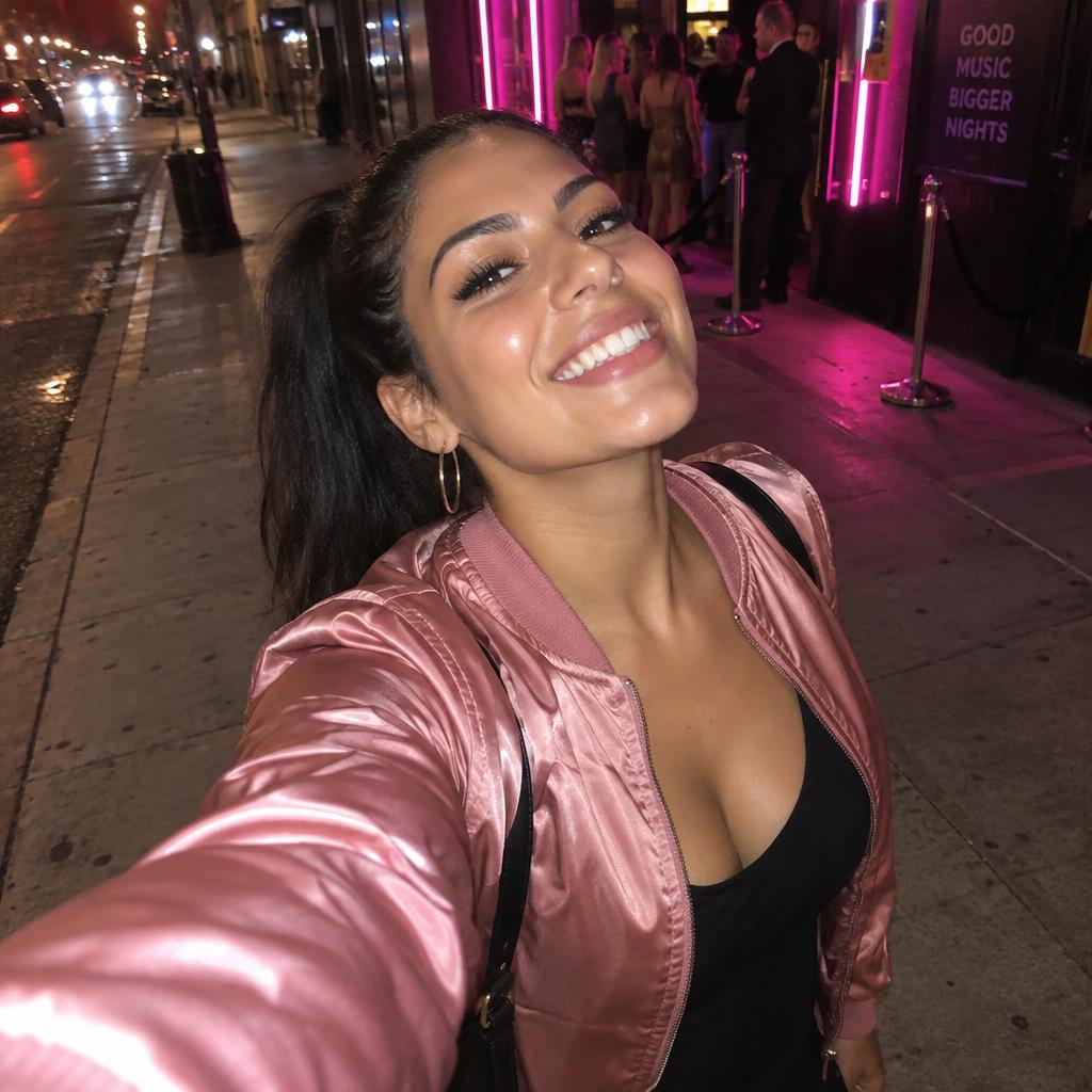 Fisheye Night-Out Snapshot: A high-held, arm’s-length close-up outside a neon-lit club, her face tipped upward in a huge grin and a rose-pink satin bomber bright under…