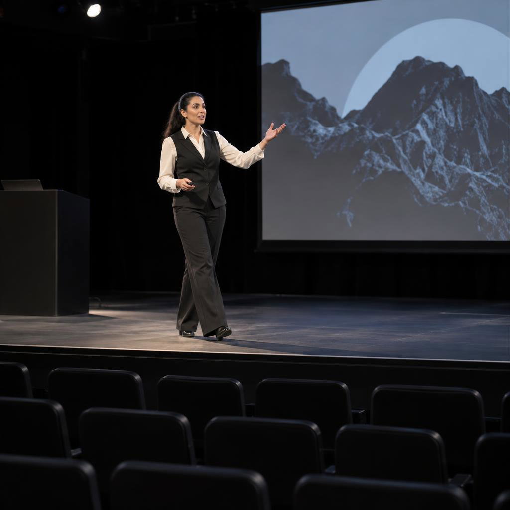 Career Breakthrough Onstage: Photorealistic full-length photo in a compact black-box auditorium with every seat empty.