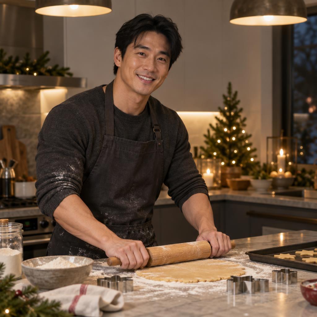 Candid Holiday Baking Moment: Warm evening baking moment in a modern home kitchen.