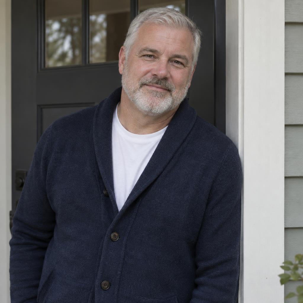 Warm Neighborly Character: Chest-up portrait beside a front door, with a little painted siding visible.