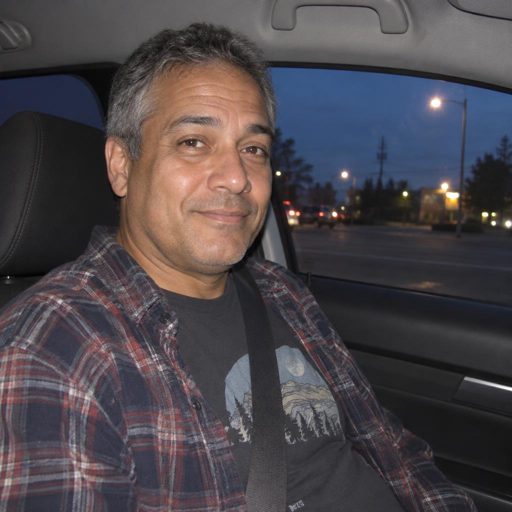Car-Seat Point-and-Shoot: A relaxed waist-up portrait of one person in the front passenger seat at blue-hour dusk, glancing directly at the camera with a half-smile.