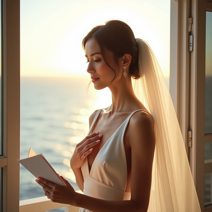 AI-generated photo: Photorealistic wedding photography on a balcony with open doors, the subject in a satin gown pauses ...