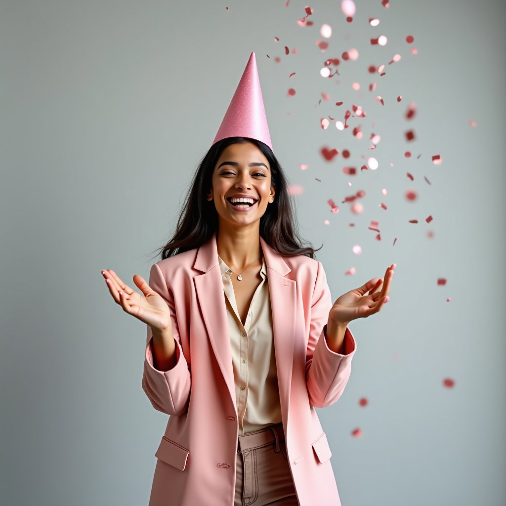 Minimal Studio Birthday Portraits With Clean Backgrounds example: Photorealistic studio action portrait. Motion-focused birthday portrait on a seamless light gray background, with the su