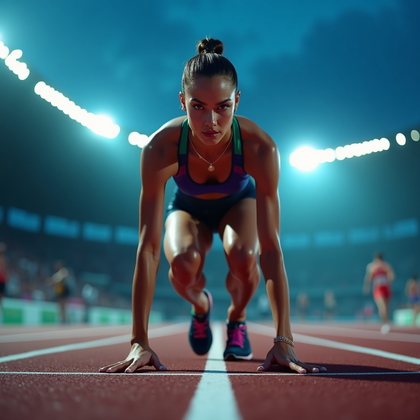 AI-generated photo: Photorealistic fashion sports photography of an ultra-stylized Olympic-level sprint start scene on t...