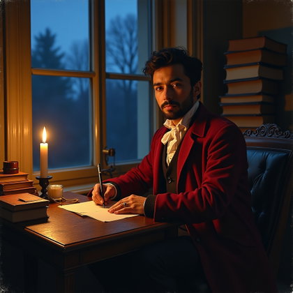 Velvet Coat Byronic Poet Portrait at Dusk example: Romantic-era oil painting. Environmental portrait inside a candlelit poet’s study at dusk, with the subject seated besid