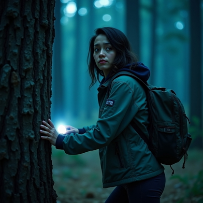 Forest Chase Over-the-Shoulder Portrait example: Cinematic horror half-body portrait photo. The subject pauses mid-run beside a rough tree trunk, looking back over one s