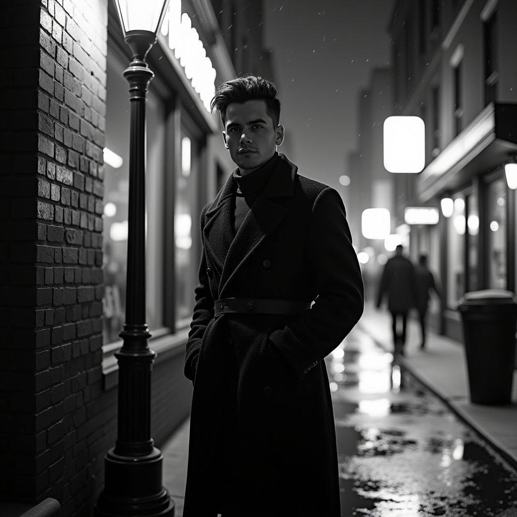 AI-generated photo: Photorealistic black-and-white night street portrait photography. In a narrow alley opening onto a m...
