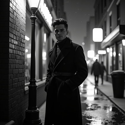 AI-generated photo: Photorealistic black-and-white night street portrait photography. In a narrow alley opening onto a m...