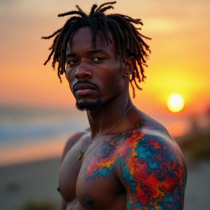 AI-generated photo: Photorealistic photography of a man with a vibrant abstract watercolor tattoo that cascades down fro...