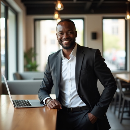 LinkedIn photo. Half-body portrait at a modern corporate café counter, with the subject standing upright, one hand resting lightly near a closed laptop, and the face clearly visible with an approachable professional expression. Use tailored business-casual attire, soft daylight from large windows, muted beige and charcoal tones, and a clean editorial composition that feels friendly but credible.