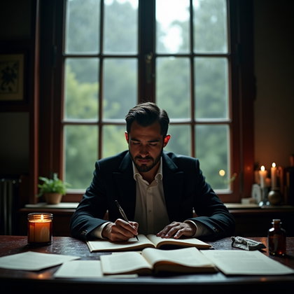 Melancholy Rainy Window Portrait example: Photorealistic editorial portrait photography. Dramatic hero image of the subject seated at a writing desk directly in f
