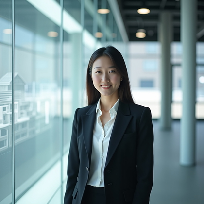 Professional headshot in an innovation lab beside a glass-encased architectural model wall backlit with soft panels, subject standing at a slight angle with shoulders relaxed and chin level, tailored blazer over a crisp shirt (tie optional) with minimal accessories, face fully visible and in sharp focus under diffused skylight with gentle book-light fill, specular reflections and clean lines abstracted into tasteful blur for a sleek corporate aesthetic.