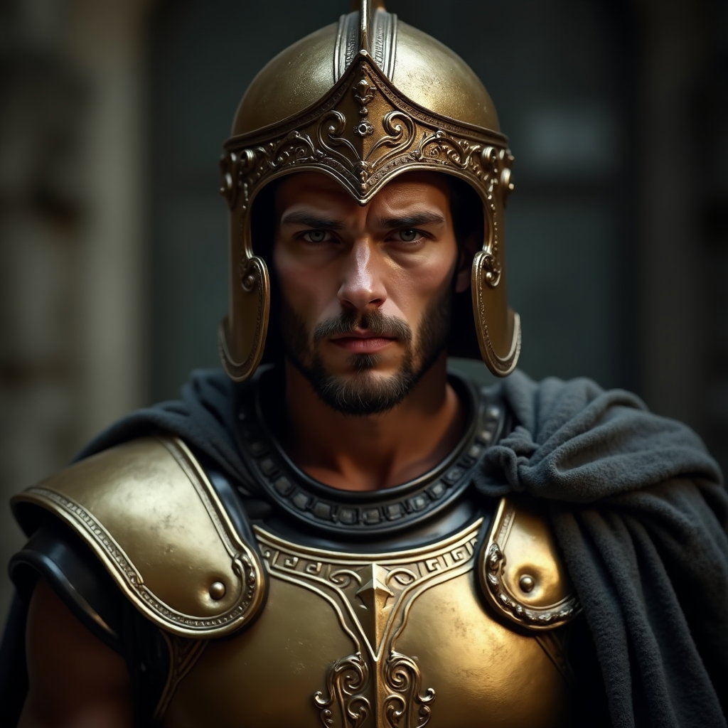 Solo Bronze-Armor Champion Portrait example: Cinematic mythological portrait photo. Tight close-up of a solo champion in polished bronze armor, facing forward with a