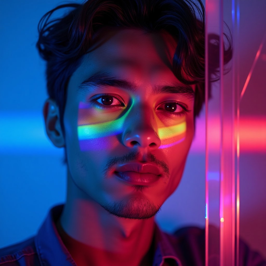 Nighttime Neon Pride Portraits With Club-Inspired Color example: Photorealistic portrait photography. Creative neon prism portrait with the subject looking directly through a clear acry