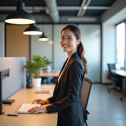 LinkedIn photo at a height-adjustable standing desk in a minimalist tech office featuring a matte light-wood surface, cable-managed monitor arm, neutral grey acoustic panels, and a clean desktop with a closed notebook and pen; the subject stands three-quarters to camera with one forearm lightly resting on the desk, shoulders relaxed, chin level, and a small confident smile. Soft overhead architectural pendants create a modern ambience while a broad key from a translucent polycarbonate light wall skims the face, with a gentle rim separating the figure from the softly defocused open plan beyond.