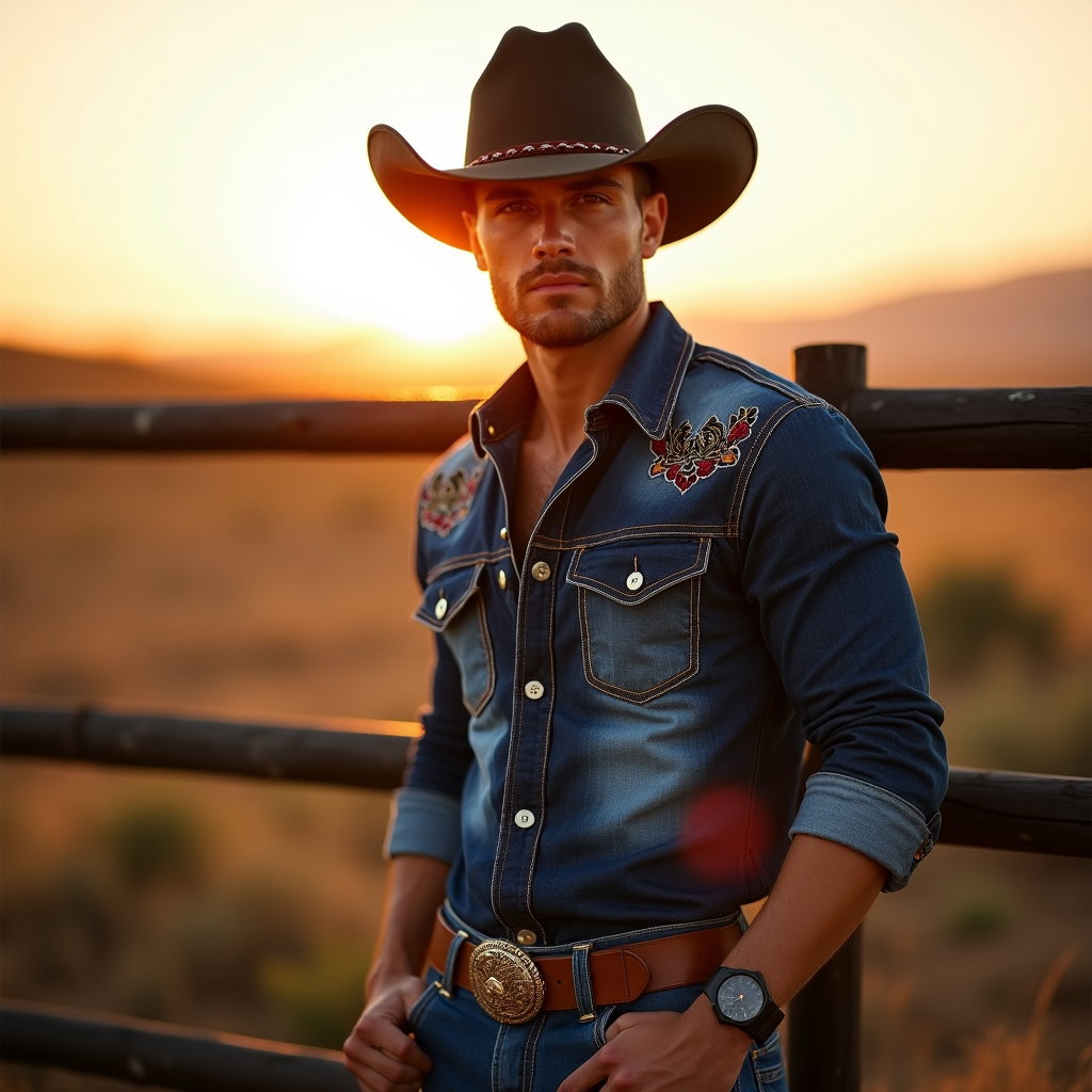 AI-generated photo: Fashion portrait photography, a striking hero cowboy portrait staged against a ranch fence at golden...