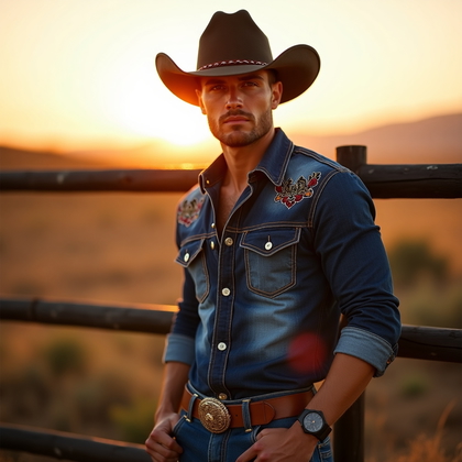 AI-generated photo: Fashion portrait photography, a striking hero cowboy portrait staged against a ranch fence at golden...