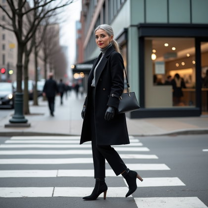 Arrivée en manteau d’hiver : portrait en pied aux trois quarts à un passage piéton urbain calme près d’un quartier de bureaux ; une seule personne visible se tient avec un pied en avant, comme sur le point de…